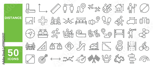 Set of 50 line icons related to distance, measure, space, location, track, ruler, length, map, walk, area, Editable stroke. Vector illustration