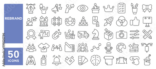 Set of 50 line icons related to rebrand, branding, advertising, marketing, print, strategy, audience, value, market, product, merchandise, Editable stroke. Vector illustration