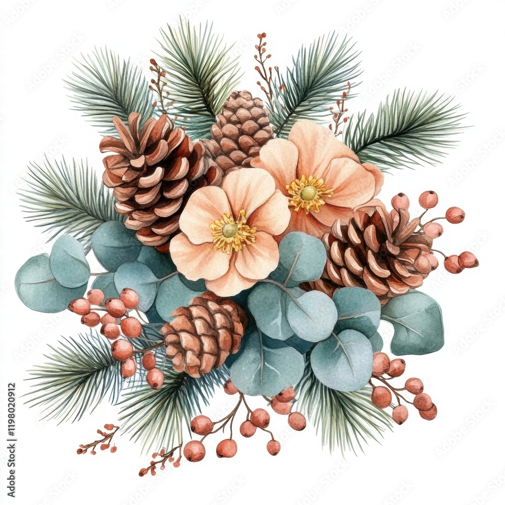 Fototapeta premium Elegant Floral Arrangement with Pinecones and Eucalyptus