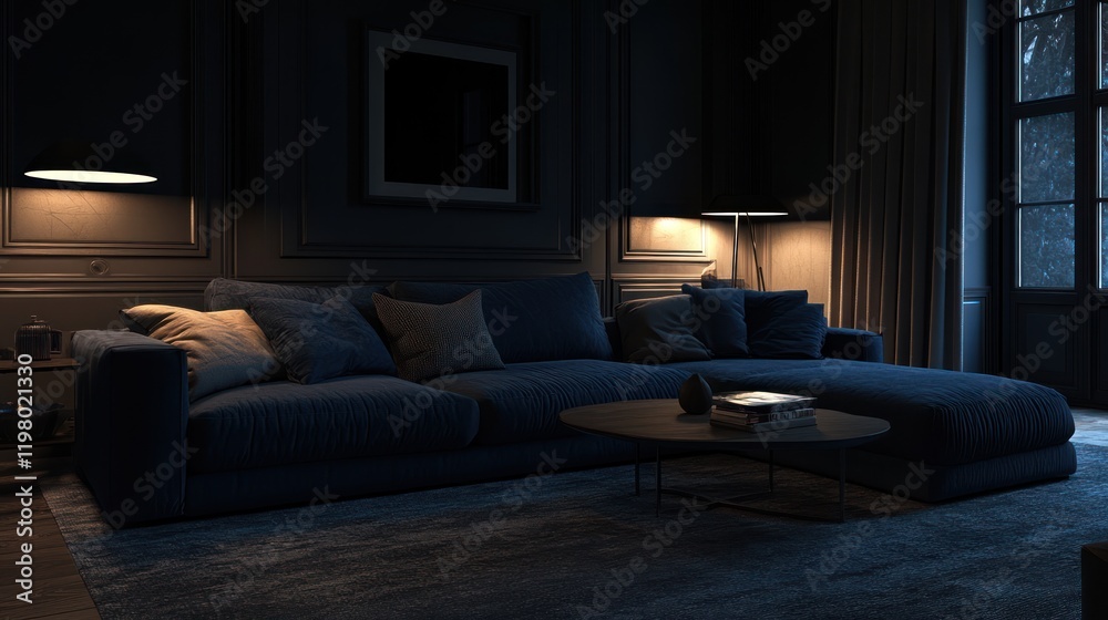 Fototapeta premium Nighttime living room sectional sofa, warm lamps, city view