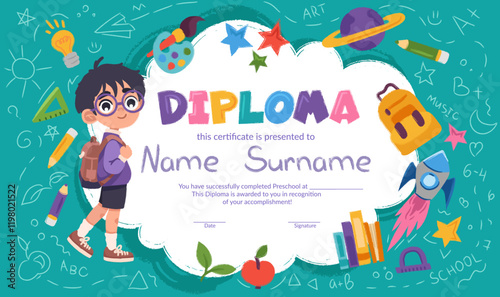 School diploma, certificate template with cute child for kids in kindergarten or primary grades. Cartoon vector illustration with school objects, supplies, books, rocket, backpack, watercolors