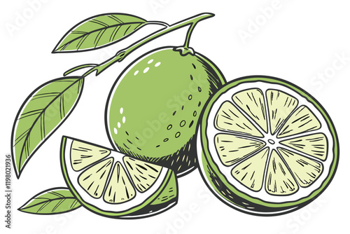Photorealistic limes, vibrant green citrus, sliced lime wedges, whole limes with leaves, detailed fruit illustration, watercolor style, clean white background, fresh and juicy appearance, high-resolut
