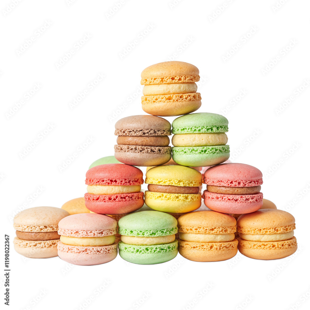 Assorted macaroons stacked on white surface Assorted macaroons stacked on white surface