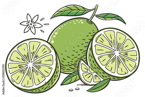 Photorealistic limes, vibrant green citrus, sliced lime wedges, whole limes with leaves, detailed fruit illustration, watercolor style, clean white background, fresh and juicy appearance, high-resolut