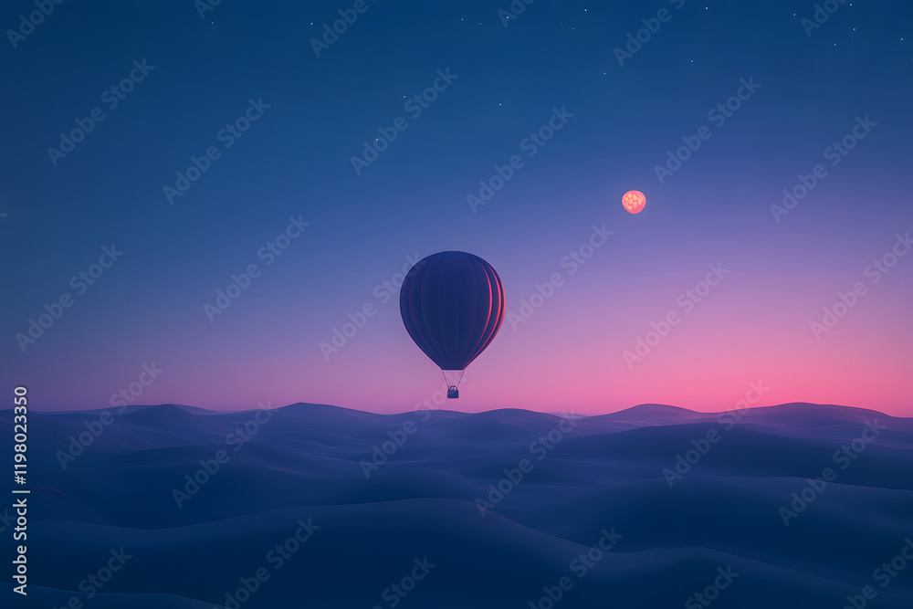 Fototapeta premium Serene Hot Air Balloon Over Dreamy Future Dusk Landscape at Twilight