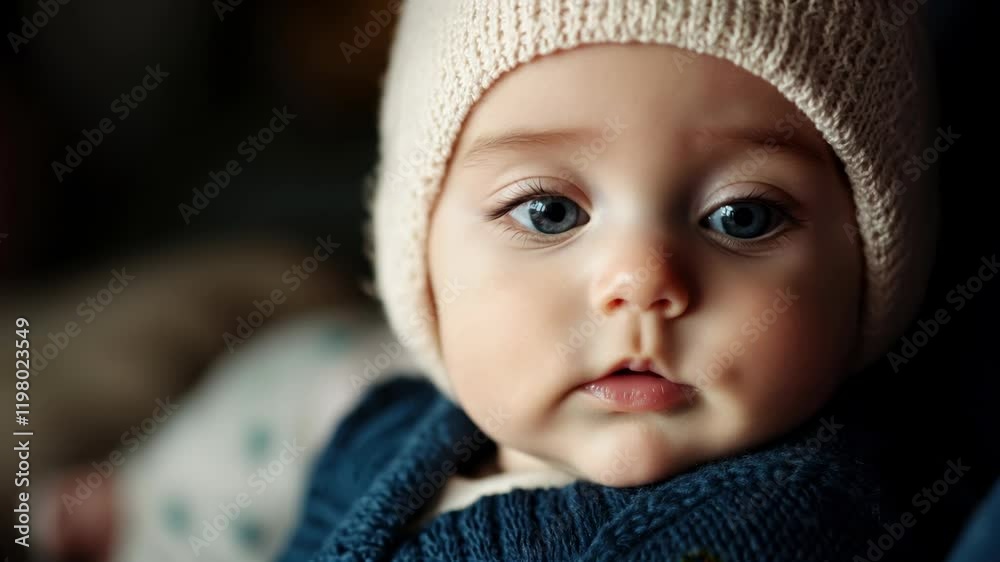 A charming baby gazes curiously with wide blue eyes, wearing a soft knitted hat and sweater while sitting in a warm, inviting indoor environment. A charming baby gazes curiously with wide blue eyes, wearing a soft knitted hat and sweater while sitting in a warm, inviting indoor environment.