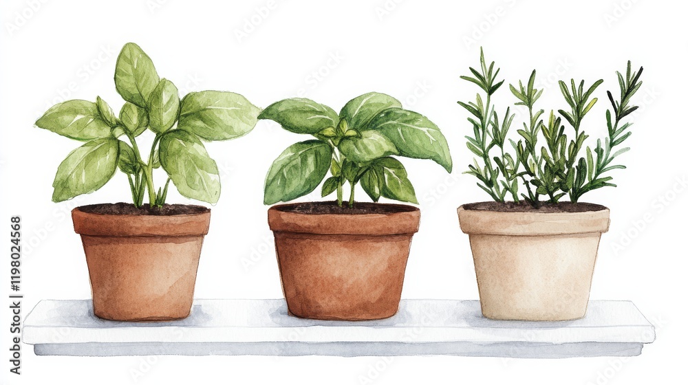 A close-up of a herb garden with pots of basil, rosemary and thyme. A close-up of a herb garden with pots of basil, rosemary and thyme.