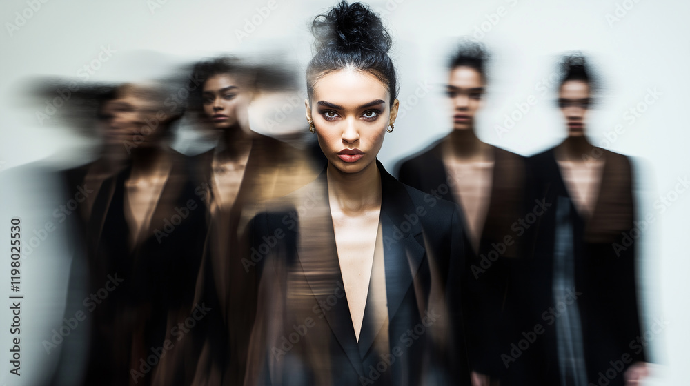 Elegant Fashion Model in Bold Pose Captures Attention Amidst Dynamic Movement in Studio Setting Elegant Fashion Model in Bold Pose Captures Attention Amidst Dynamic Movement in Studio Setting