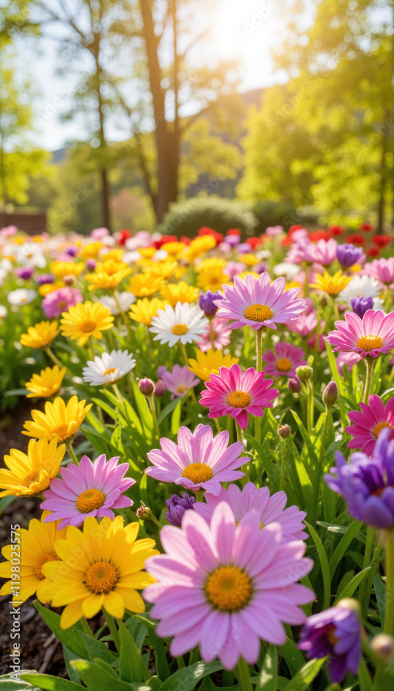Obraz premium Colorful wildflowers blooming in a sunlit park 