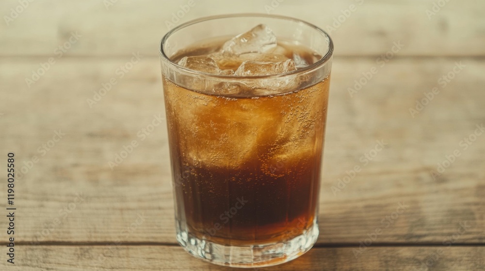 Refreshing iced cola drink in a glass on wooden table.