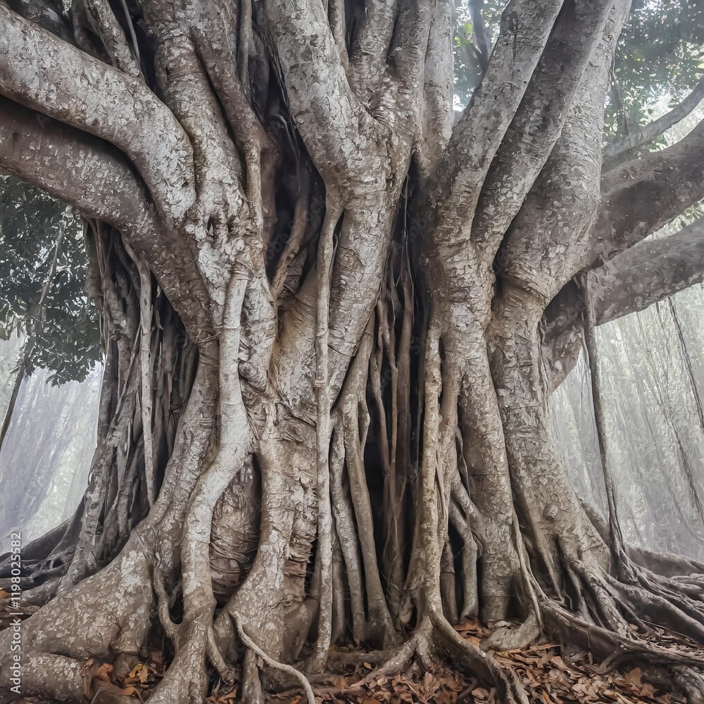 An Ancient Banyan Tree Guarding the Mysteries of the Forest in Morning Mist An Ancient Banyan Tree Guarding the Mysteries of the Forest in Morning Mist
