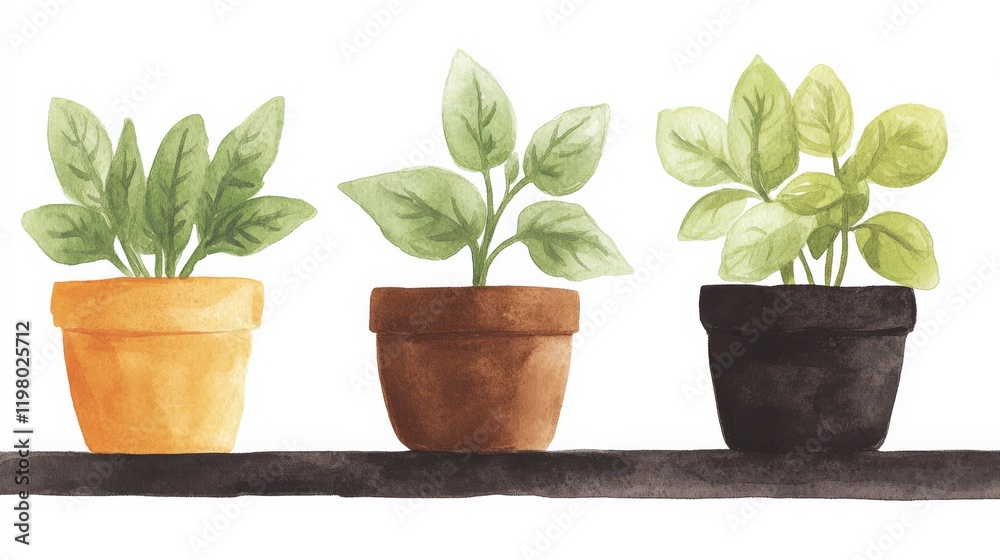 Herb garden with pots of basil, rosemary, and thyme. Herb garden with pots of basil, rosemary, and thyme.