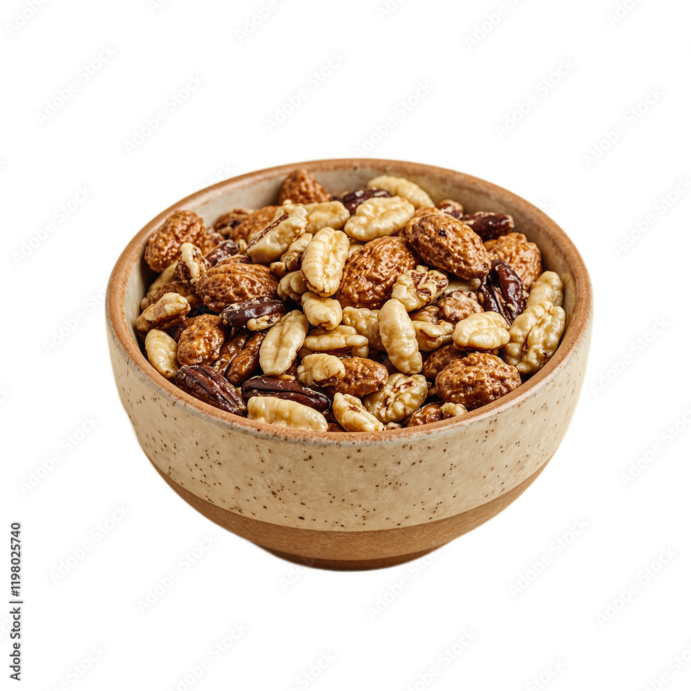 Ceramic bowl filled with mixed nuts on beige surface Ceramic bowl filled with mixed nuts on beige surface
