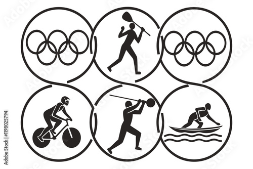 Pictogram icons, sports symbols, black silhouettes, white background, simple shapes, athletic activities, basketball, running, cycling, weightlifting, rowing, dancing, archery, swimming, tennis, minim