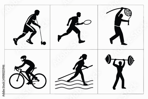 Pictogram icons, sports symbols, black silhouettes, white background, simple shapes, athletic activities, basketball, running, cycling, weightlifting, rowing, dancing, archery, swimming, tennis, minim