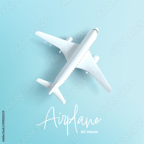 3D white realistic airplane on a turquoise background. Top view. For business concepts, travel, vacation. Sale of airplane tickets. Vector