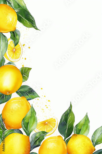 Watercolor lemons and leaves creating a vibrant border on white background