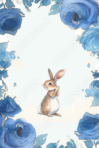 Cute little brown rabbit surrounded by blue watercolor roses