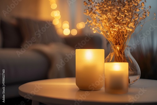 Cozy fireplace reading scene with warm lighting and candlelit table photo