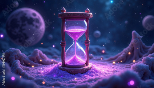 Hourglass in a cosmic landscape with purple sand