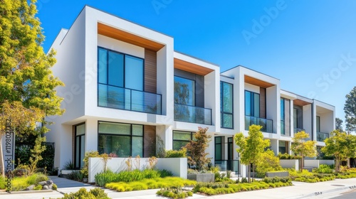 A modern townhouse with a sleek white facade, large glass windows, and a small front yard with green plants under a clear blue sky, showcasing contemporary urban living.