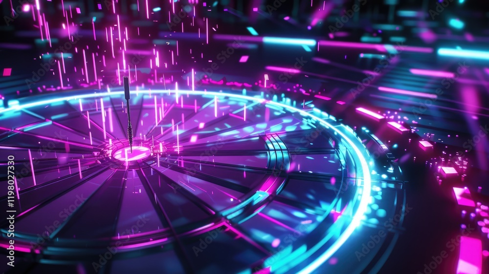 Neon dart on glowing target with abstract futuristic background in pink and blue tones Neon dart on glowing target with abstract futuristic background in pink and blue tones