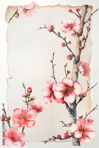 Pink cherry blossom branches on old paper background