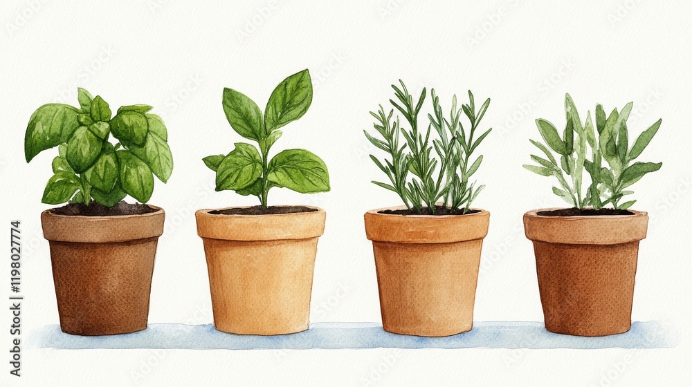 Herb garden with pots of basil, rosemary and thyme. Watercolor copy space with minimalistic, rustic design. Herb garden with pots of basil, rosemary and thyme. Watercolor copy space with minimalistic, rustic design.