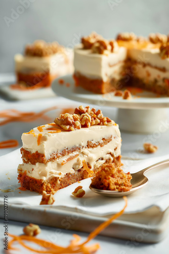 Slice of carrot cake with walnuts and cream cheese frosting sitting on white ...
