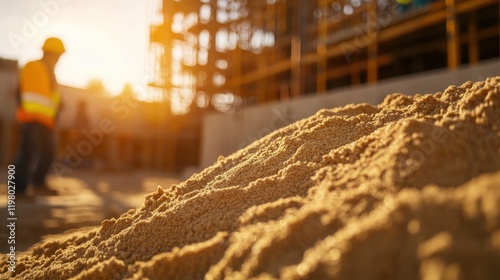 A close-up of a construction sand pile, with sunlight casting soft shadows and a blurred background of scaffolding and construction workers in safety helmets.