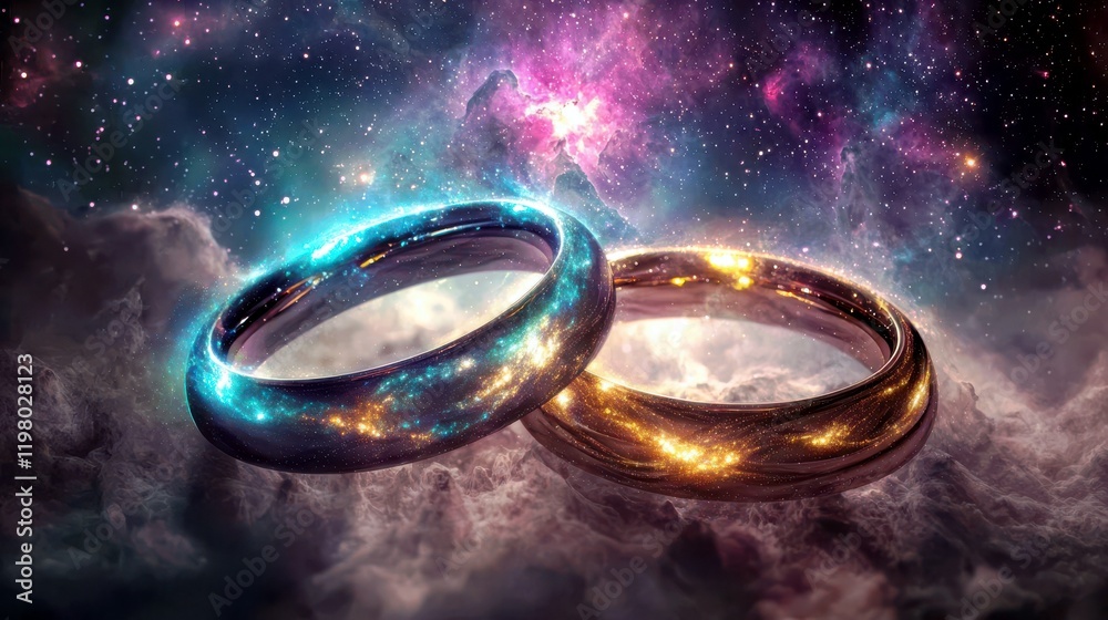Cosmic Rings of Light Representing Unity and Harmony in a Beautiful Galaxy Landscape with Stars and Colorful Nebulae