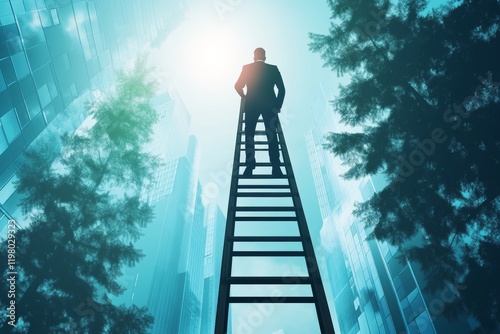 Challenge to ascend the ladder of success, an untrodden path lies ahead, a step towards a fresh career opportunity, committed to reaching the objective, confident businessman gazing upwards to start photo