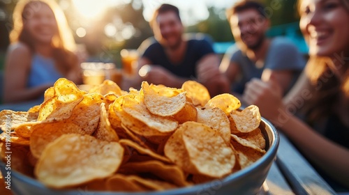 Bowl of potato chips at outdoor gathering