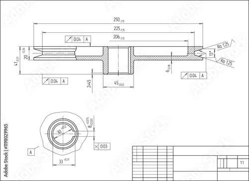 Assembly drawing of pulley (roller) of electrical reducer. Vector design of steel mechanical device with dimension lines. Engineering technic computer cad scheme on paper sheet. Hand drawn sketch.