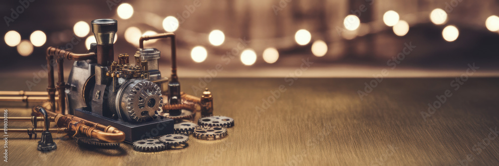 Steampunk Engine Model Gears Pipes Bokeh Lights Industrial Retro Craftsmanship Steampunk Engine Model Gears Pipes Bokeh Lights Industrial Retro Craftsmanship