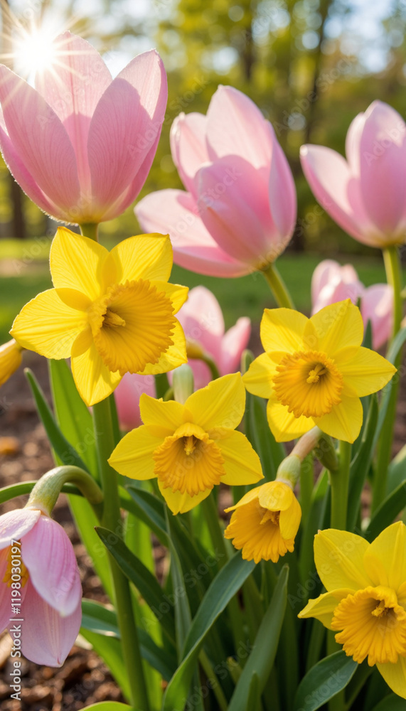 Obraz premium Pink tulips and yellow daffodils in spring sunlight 