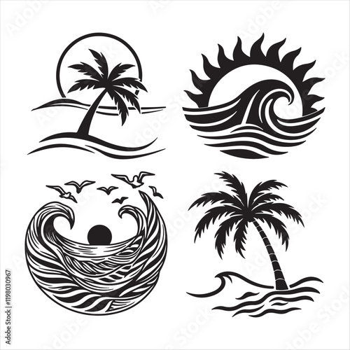 Set of Four Black and White Beach and Ocean Graphic Designs