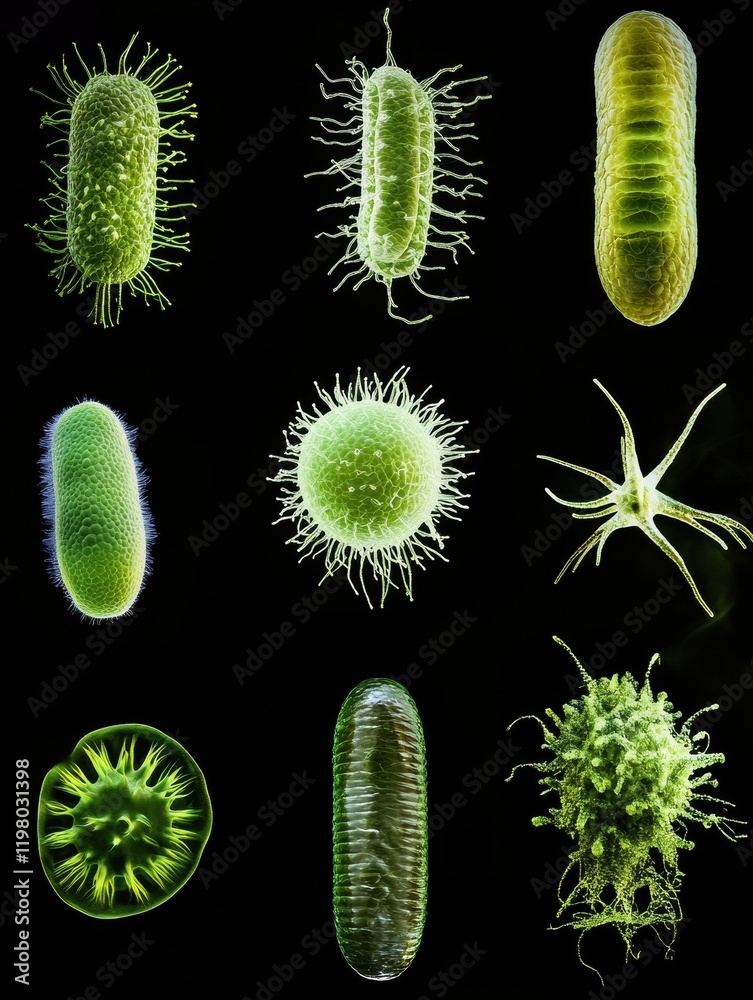 Fototapeta premium Evolutionary sequence of various bacterial forms showcasing diversity in shapes and structures. Generative AI
