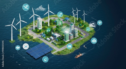Sustainable City of the Future: A vibrant and futuristic cityscape embraces green energy solutions, showcasing wind turbines, solar panels.