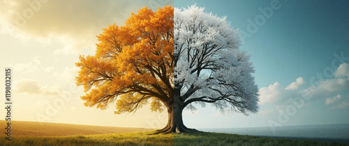 Majestic tree split between autumn and winter, reflecting the serene beauty of seasonal change and the passage of time, set against a colorful sky and gentle landscape