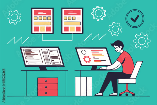 programmer, multiple computer screens, coding, software development, busy workspace, digital multitasking, information overload, tech office, flat design illustration, vibrant teal background, floatin