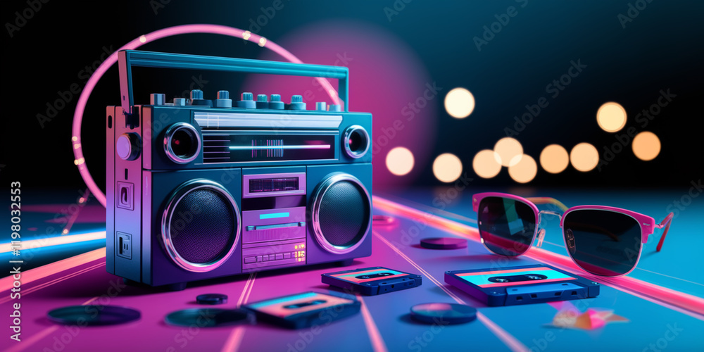 Obraz premium Retro Boombox Cassette Tapes Sunglasses 80s Vibe Neon Lights Music Party Summer Nostalgia 90s