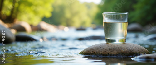 A glass of clear water resting on a smooth rock in a serene river setting, nestled among lush greenery, conveying a feeling of calmness and tranquility photo
