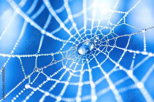 Detailed macro shot capturing morning dew on a delicate spider web illuminated by soft sunlight at dawn in a tranquil setting photo