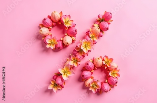 Pink percentage sign made of pink spring flowers on a pink background. Spring discounts. Spring sale in a flower shop. Flowers in the shape of a percent sign. Summer discounts.