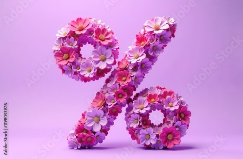 Pink percentage sign made of pink spring flowers on a pink background. Spring discounts. Spring sale in a flower shop. Flowers in the shape of a percent sign. Summer discounts.