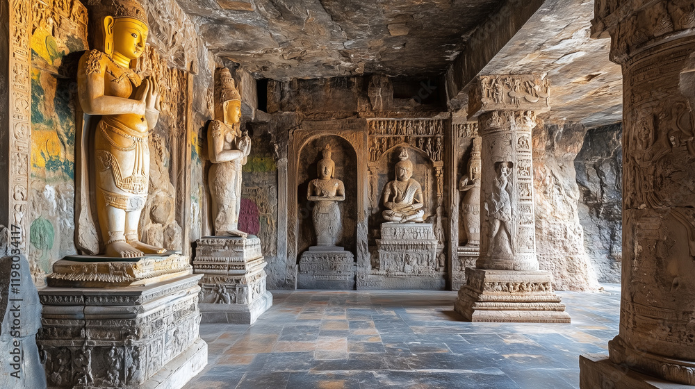 An ancient cave temple with stone statues, altars, and faded murals depicting forgotten legends An ancient cave temple with stone statues, altars, and faded murals depicting forgotten legends