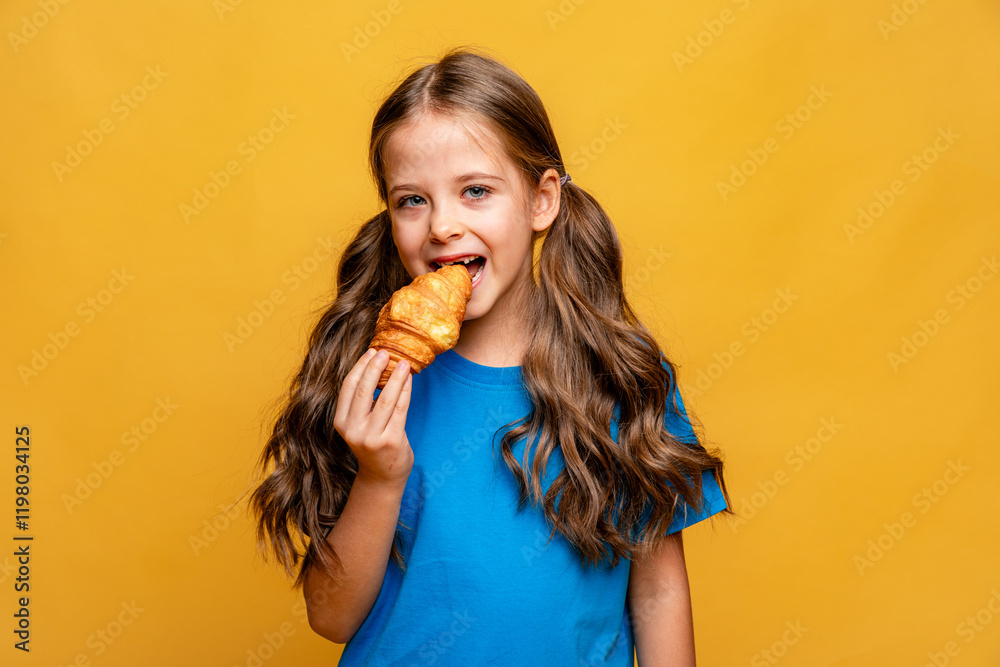 Happy smiling little girl in blue t-shirt eating French croissant on yellow background. Copy space. High quality photo. French breakfast concept.