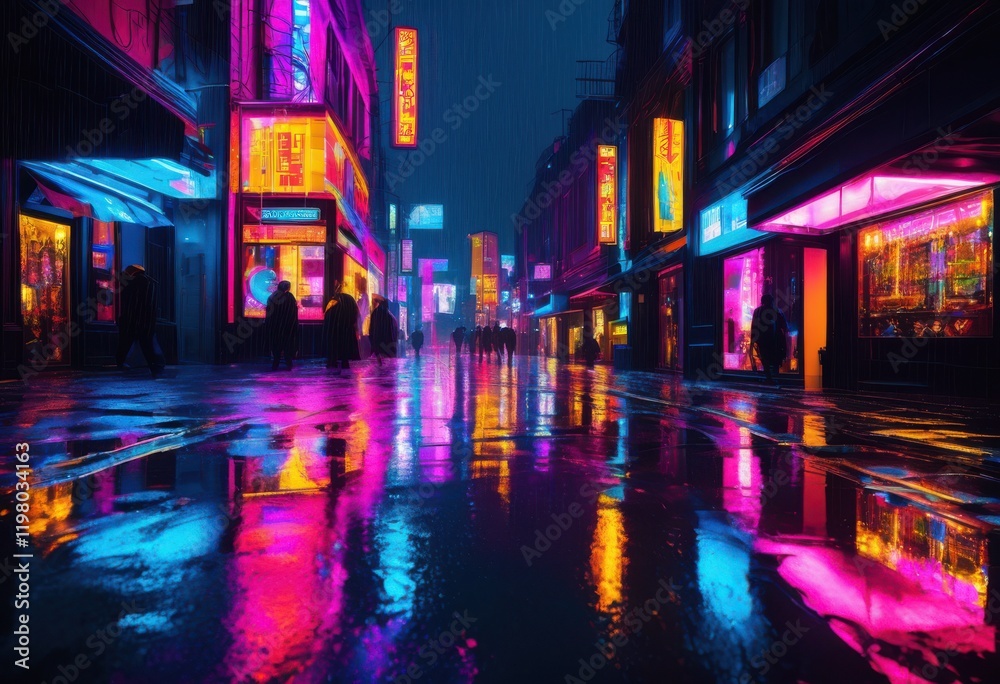 Obraz premium moody rain soaked street revealing colorful reflections from vibrant neon lights glowing shopfronts, sidewalk, puddle, evening, urban, city, asphalt, scene