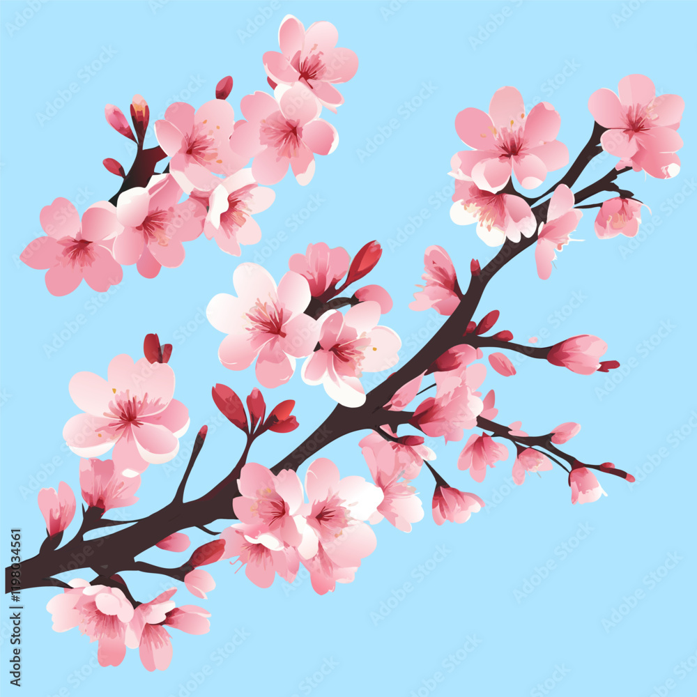 Elegant Sakura Branch on Blue Background Elegant Sakura Branch on Blue Background